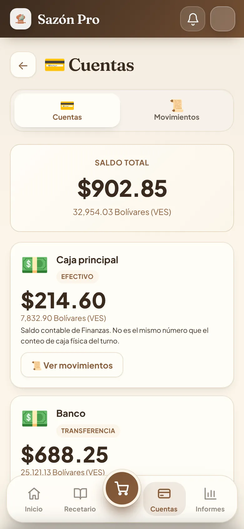 Pantalla de cuentas