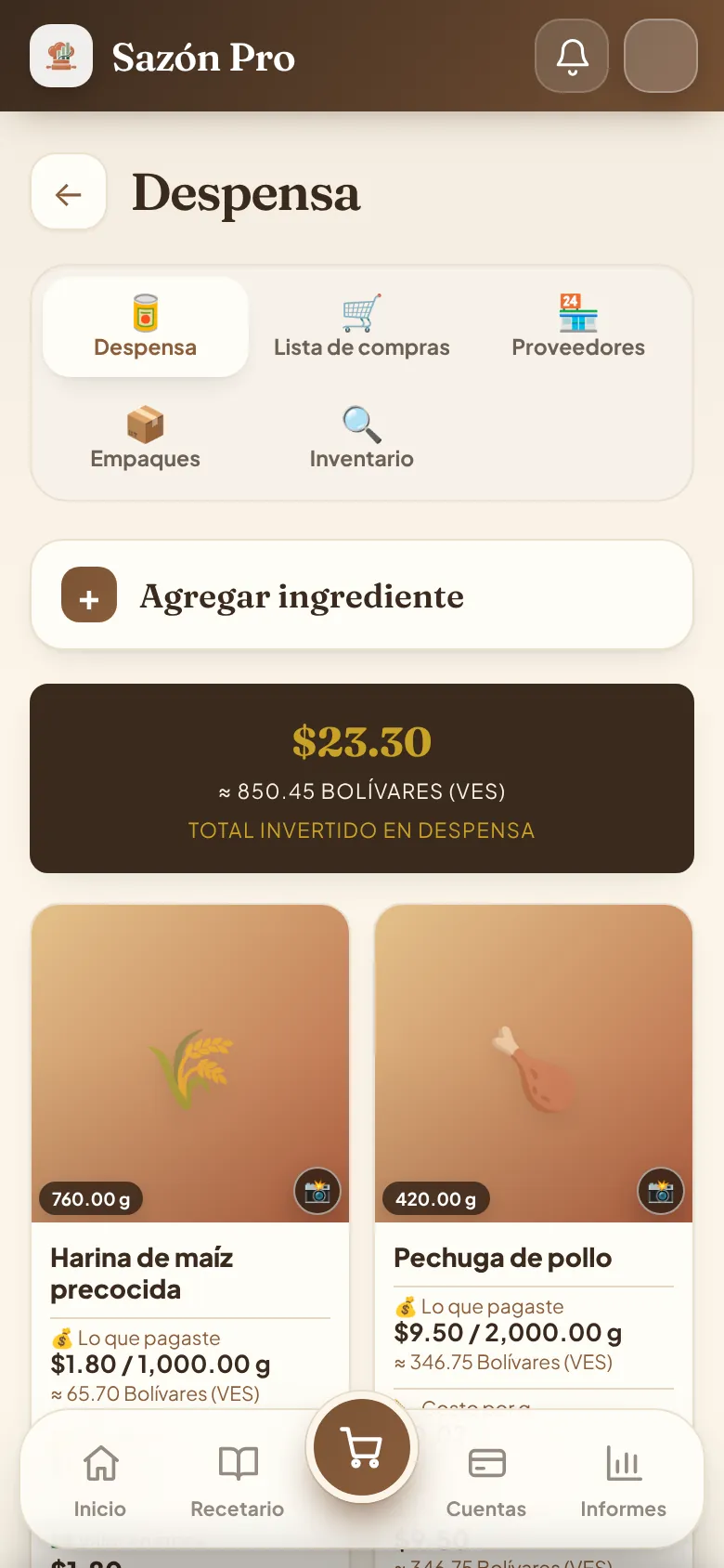 Pantalla de despensa